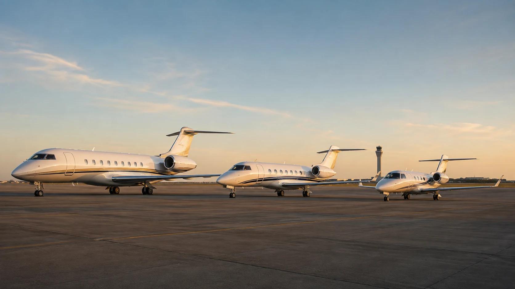 Tres jets ejecutivos alineados en plataforma al atardecer, ordenados de mayor a menor: uno de largo alcance, uno mediano y uno liviano.