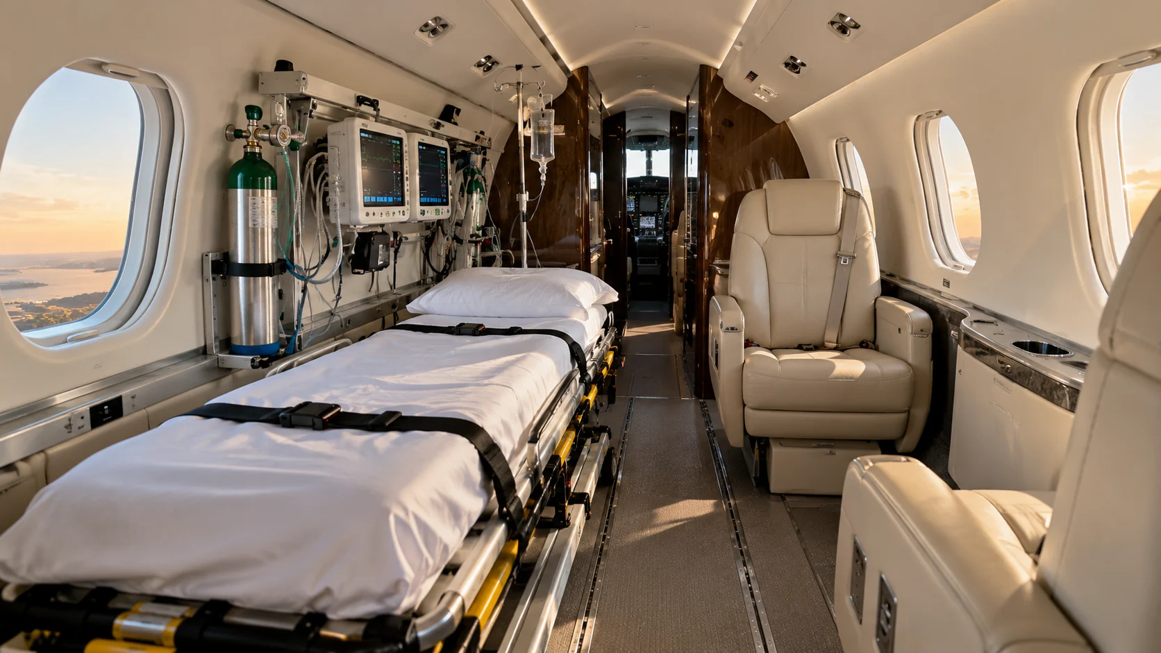 Interior de la cabina de un jet ejecutivo acondicionado como ambulancia aérea: camilla asegurada al lateral, monitores de signos vitales y tubo de oxígeno en el mamparo, portasueros y asientos de cuero claro enfrentados.