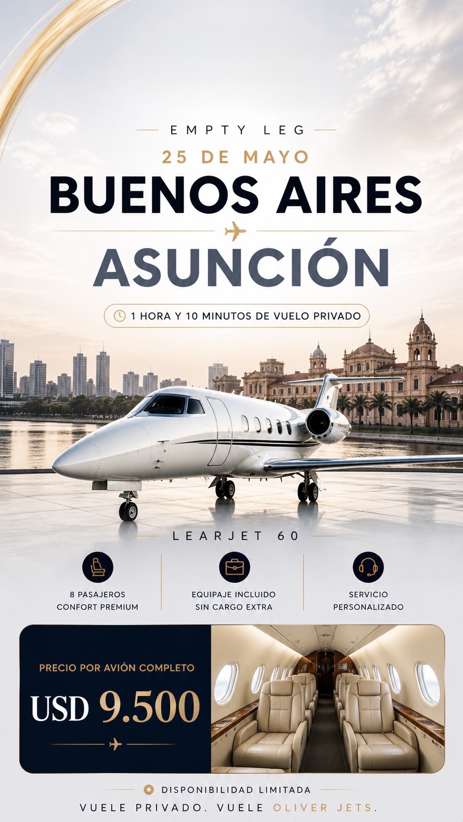 Empty leg Buenos Aires a Asunción, 25 de mayo, Learjet 60