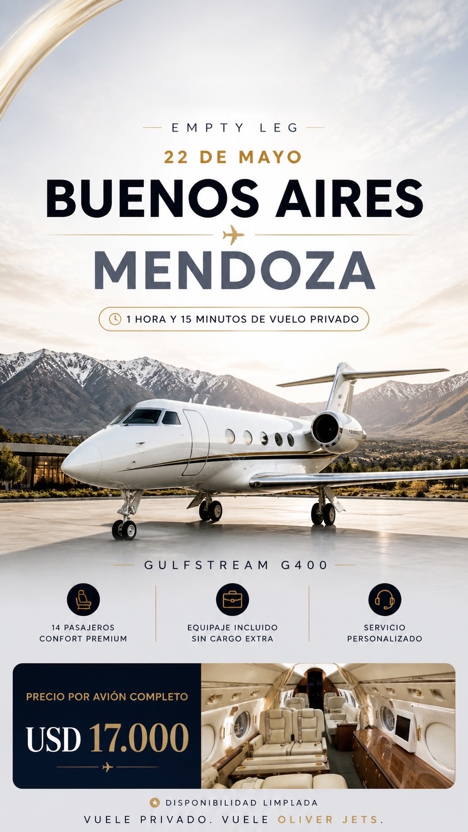 Empty leg Buenos Aires a Mendoza, 22 de mayo, Gulfstream G400