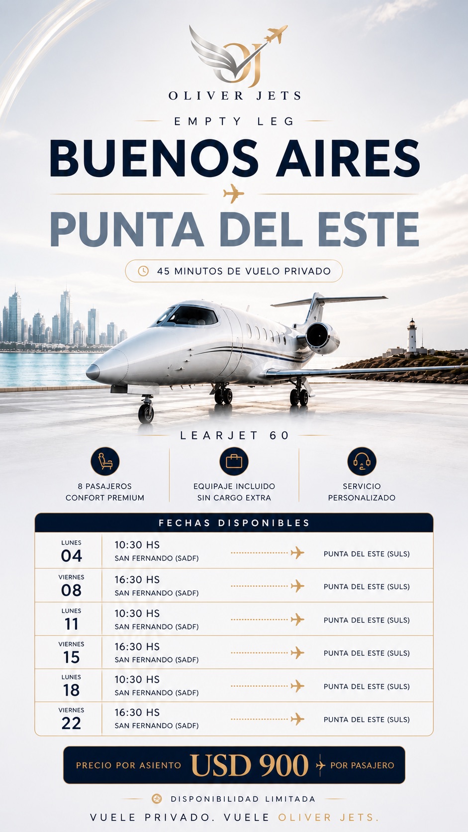 Empty leg Buenos Aires a Punta del Este, mayo, Learjet 60