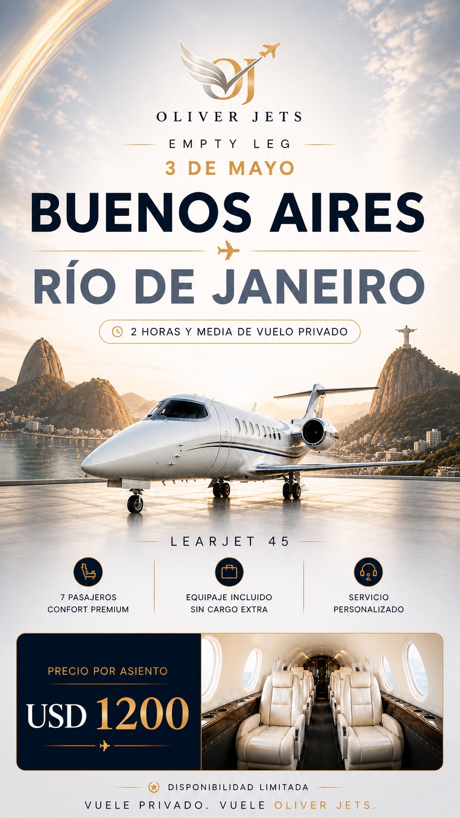 Empty leg Buenos Aires a Río de Janeiro, 3 de mayo, Learjet 45